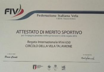 Attestato di Merito Sportivo conferito dalla FIV per l’organizzazione della Regata Internazionale Mini 650